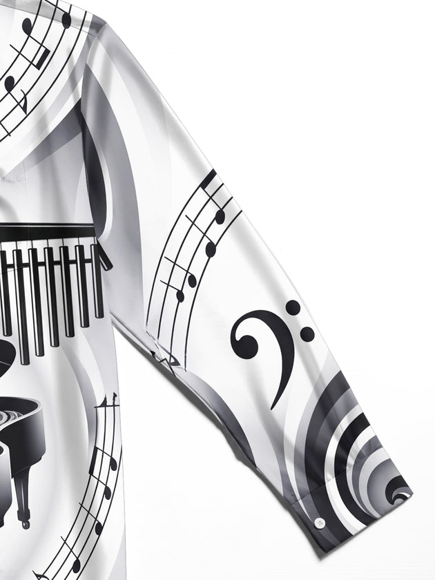 Adaychic Men's Graphic Piano Harp Music Note Pattern Long Sleeve Shirt with Chest Pocket