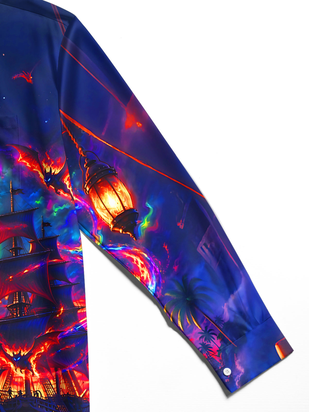 Adaychic Men's Long Sleeve Shirt - Ghost Pirate Ship And Bats Under Full Moon Print with Chest Pocket