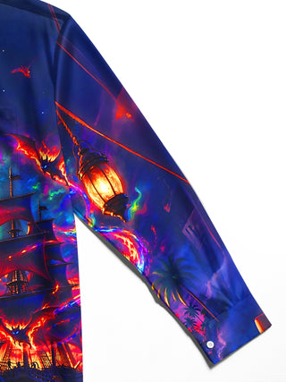 Adaychic Men's Long Sleeve Shirt - Ghost Pirate Ship And Bats Under Full Moon Print with Chest Pocket