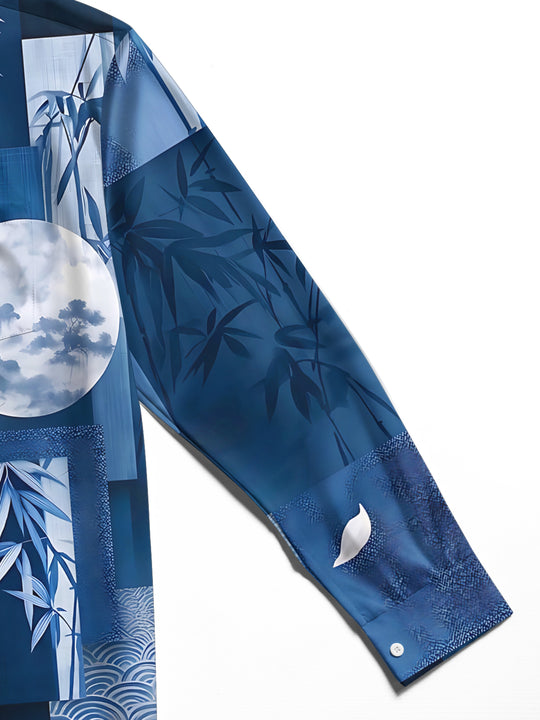 Adaychic Men's White Magnolia Flowers And Bamboo Leaves Print Long Sleeve Shirt with Chest Pocket