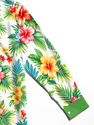 Adaychic Men's Long Sleeve Shirt - Tropical Hibiscus Flowers And Palm Leaves Print with Chest Pocket