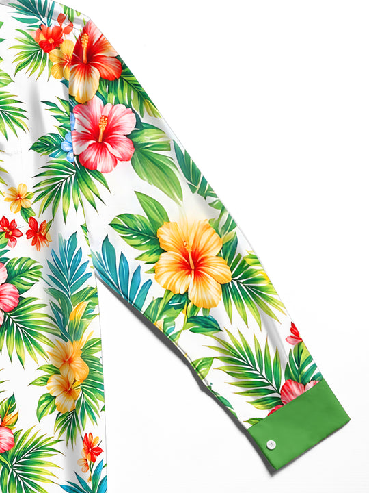 Adaychic Men's Long Sleeve Shirt - Tropical Hibiscus Flowers And Palm Leaves Print with Chest Pocket