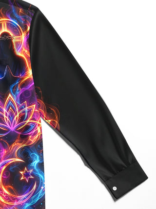 Adaychic Men's Neon Religious And Spiritual Symbols Print Long Sleeve Shirt with Chest Pocket