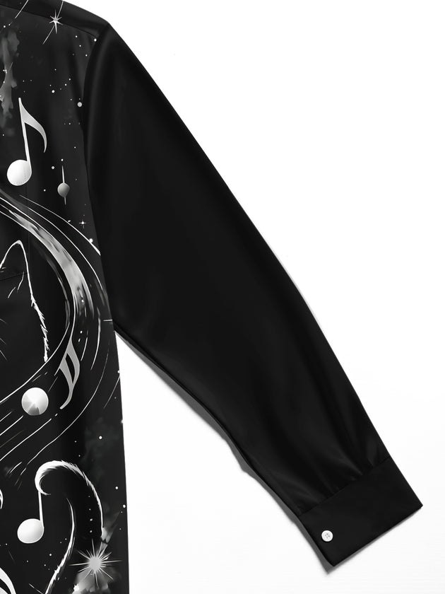 Adaychic Men's Piano Keys And Cat With Musical Notes Print Long Sleeve Shirt with Chest Pocket