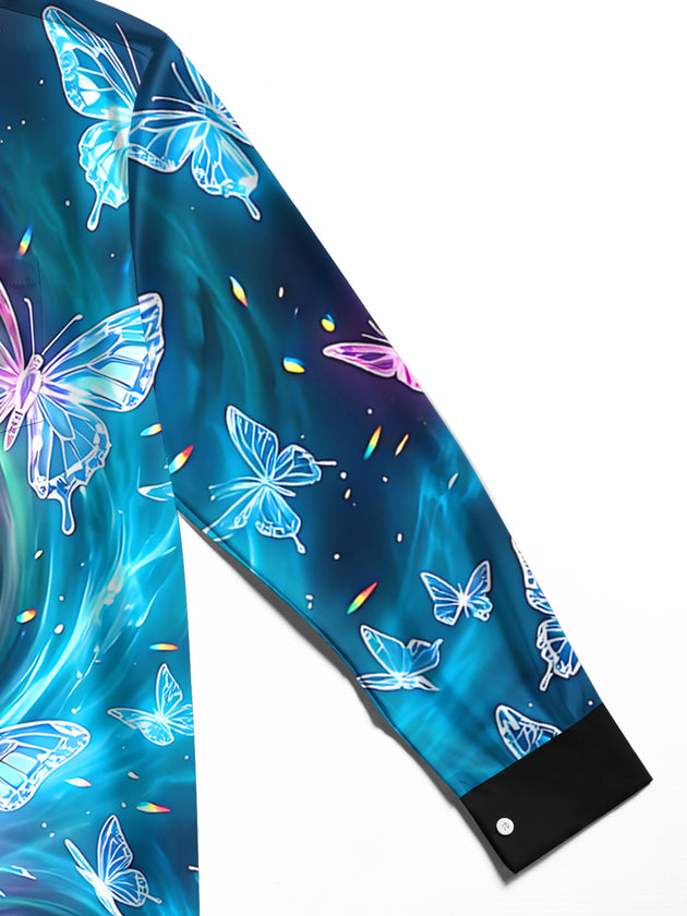 Adaychic Men's Hawaiian Butterfly Pattern Galaxy Swirl Print Long Sleeve Shirt with Chest Pocket