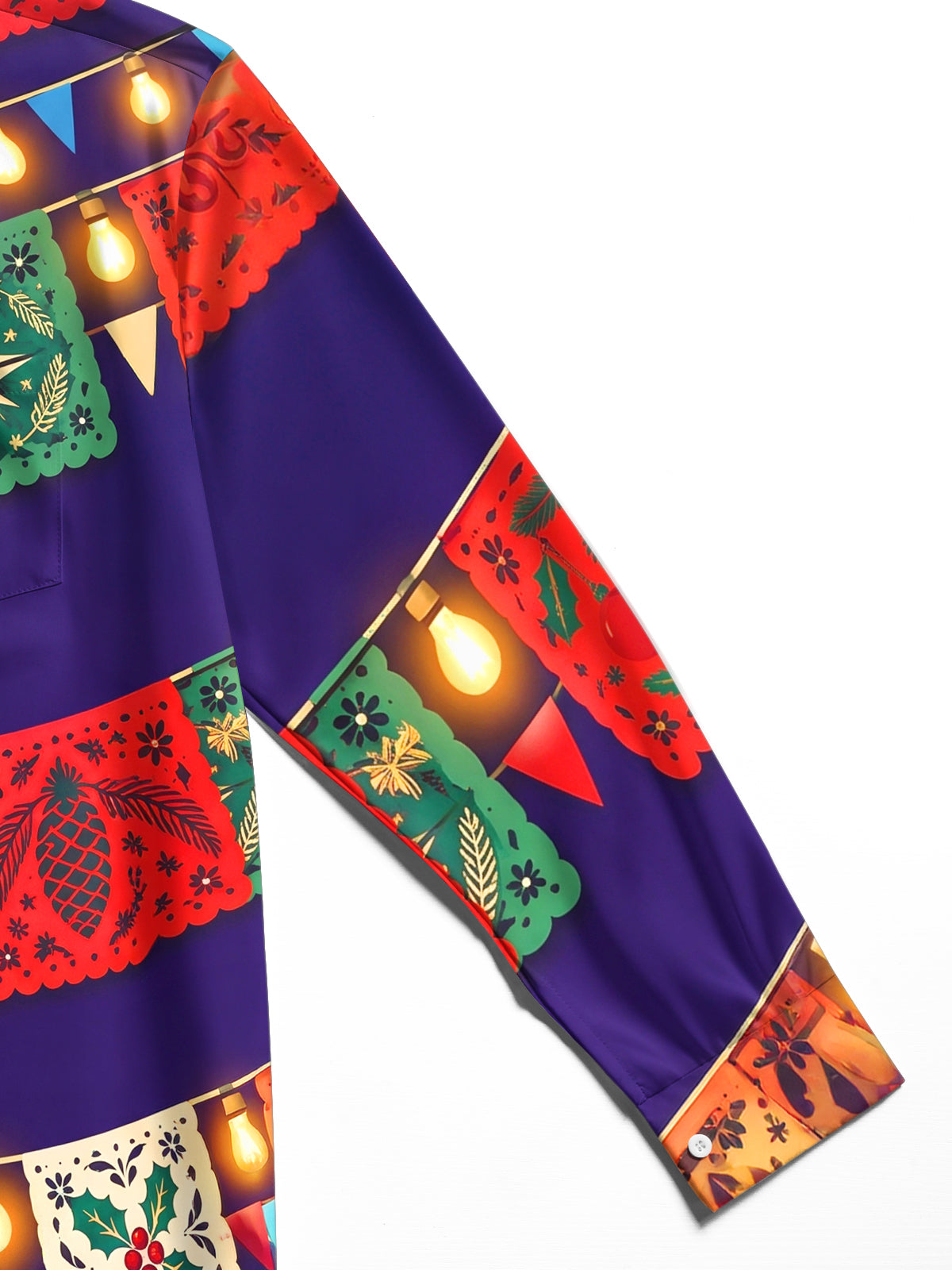 Adaychic Men's Long Sleeve Shirt - Christmas Paper-cutting Flags And String Lights Print with Chest Pocket