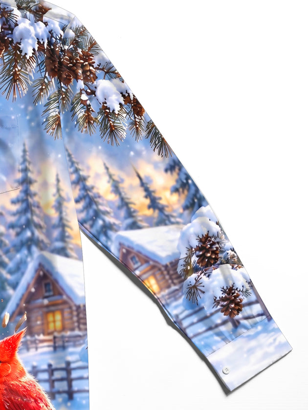 Adaychic Men's Graphic Winter Snowy Forest Print Long Sleeve Shirt with Chest Pocket