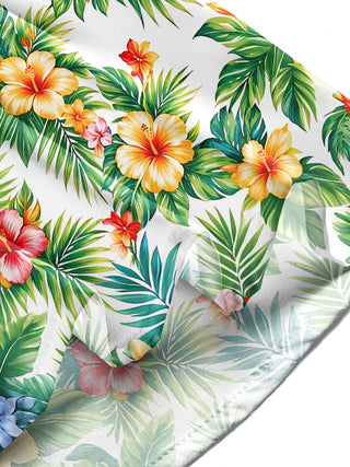 Adaychic Men's Long Sleeve Shirt - Tropical Hibiscus Flowers And Palm Leaves Print with Chest Pocket