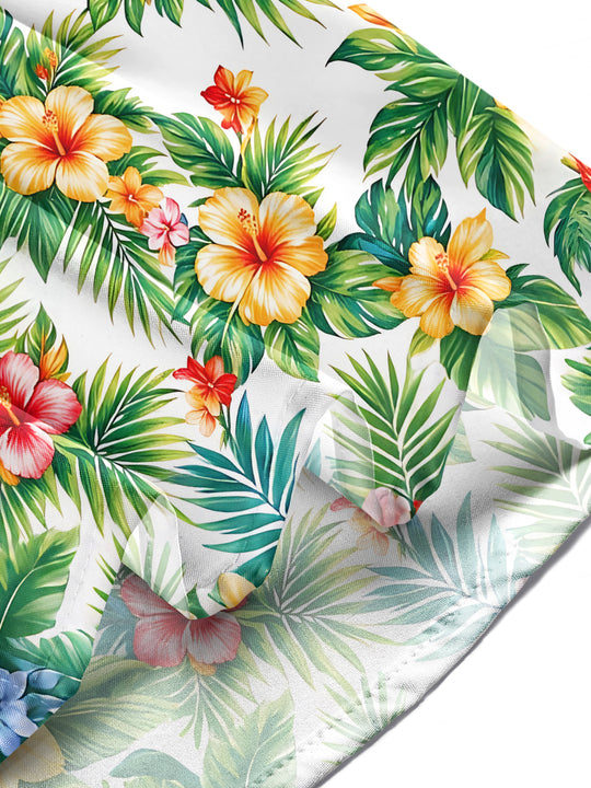 Adaychic Men's Long Sleeve Shirt - Tropical Hibiscus Flowers And Palm Leaves Print with Chest Pocket