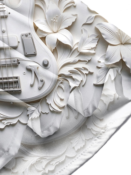 Adaychic Men's Long Sleeve Shirt - 3D Relief Bass Guitar And Floral Patterns Print with Chest Pocket