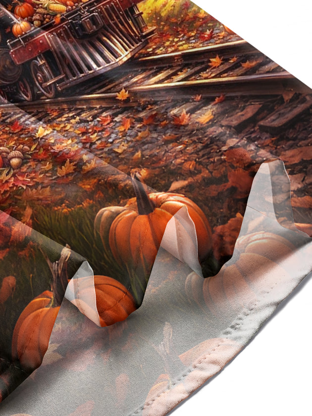Adaychic Men's Long Sleeve Shirt - Thanksgiving Autumn Train With Pumpkins And Corn Print with Chest Pocket