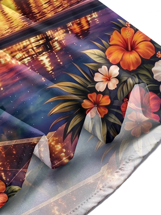 Adaychic Men's Hawaiian UFO Night Sky Print Palm Trees Print Long Sleeve Shirt with Chest Pocket