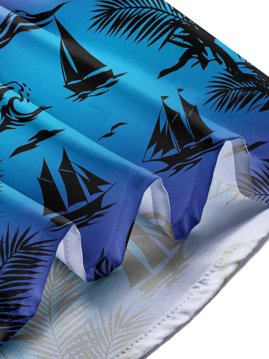 Adaychic Men's Short Sleeve Shirt - Tropical Sunset Sailboats And Palm Leaves Print with Chest Pocket