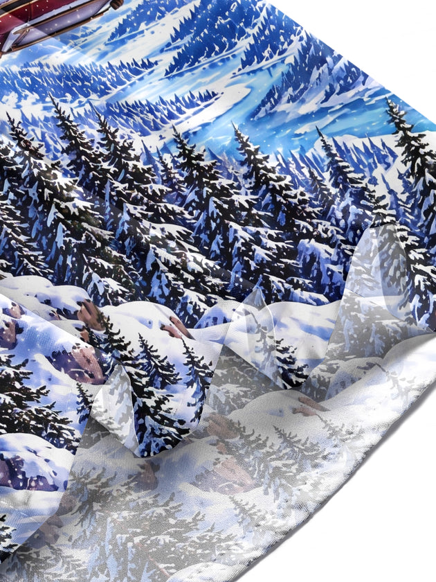 Adaychic Men's Long Sleeve Shirt - Mountain Cable Car With Christmas Gifts And Wreath Print with Chest Pocket