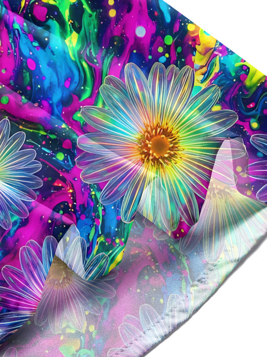 Adaychic Men's Hawaiian Neon Daisy Flowers Print Long Sleeve Shirt with Chest Pocket