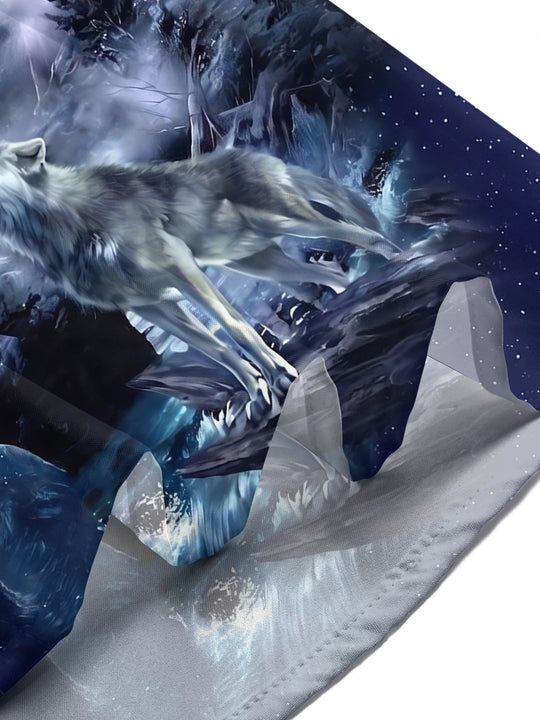 Adaychic Men's Hawaiian Howling Wolves Print Short Sleeve Shirt with Chest Pocket