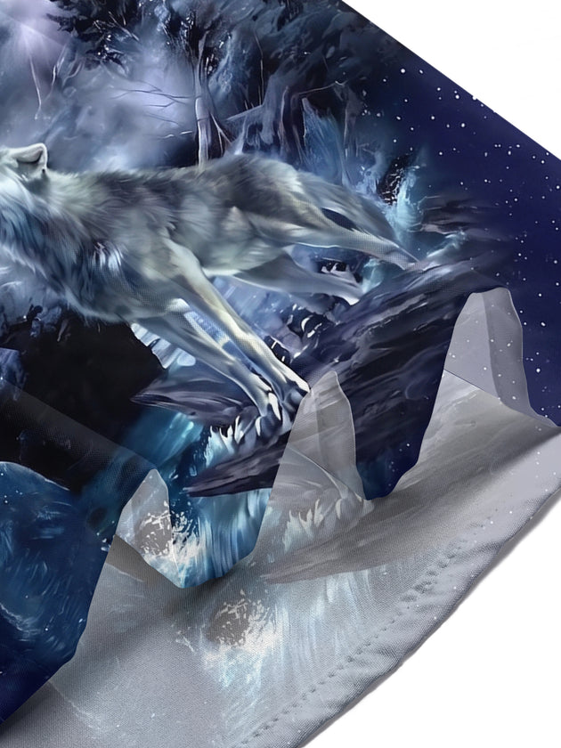Adaychic Men's Hawaiian Howling Wolves Print Short Sleeve Shirt with Chest Pocket