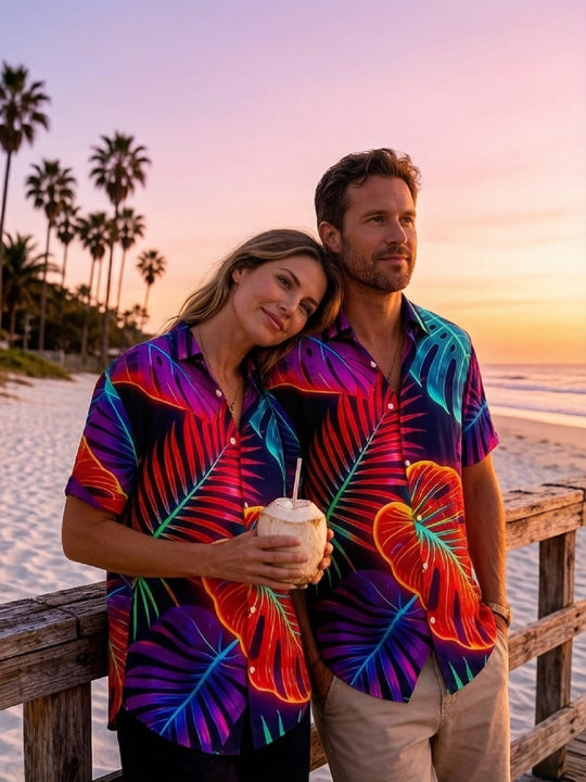 matching couples Hawaiian shirt front view tropical beach vacation