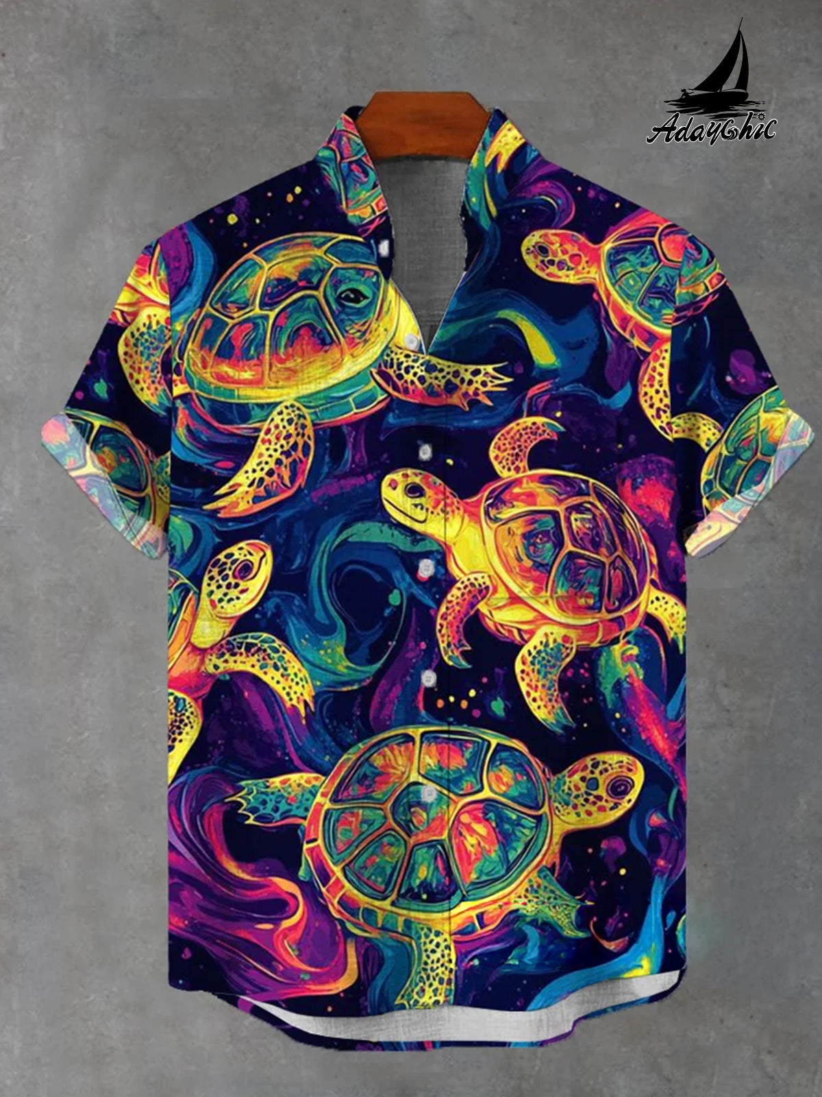 Abstract Sea Turtles Printing Pocket Stand Collar Short Sleeve Shirt