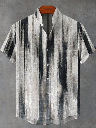 men vintage style short sleeve stand collar print shirt front view