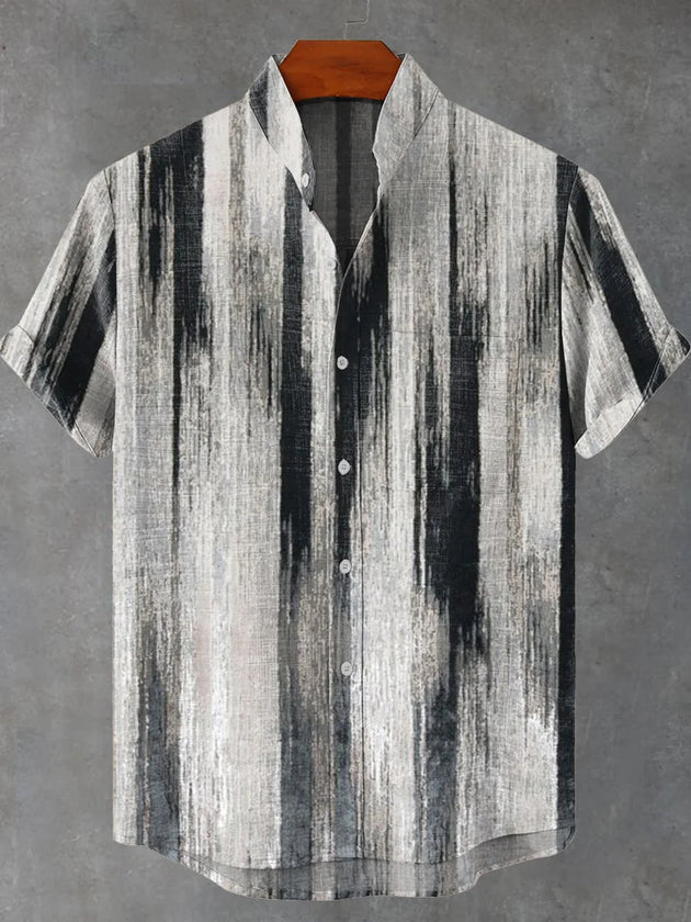 men vintage style short sleeve stand collar print shirt front view