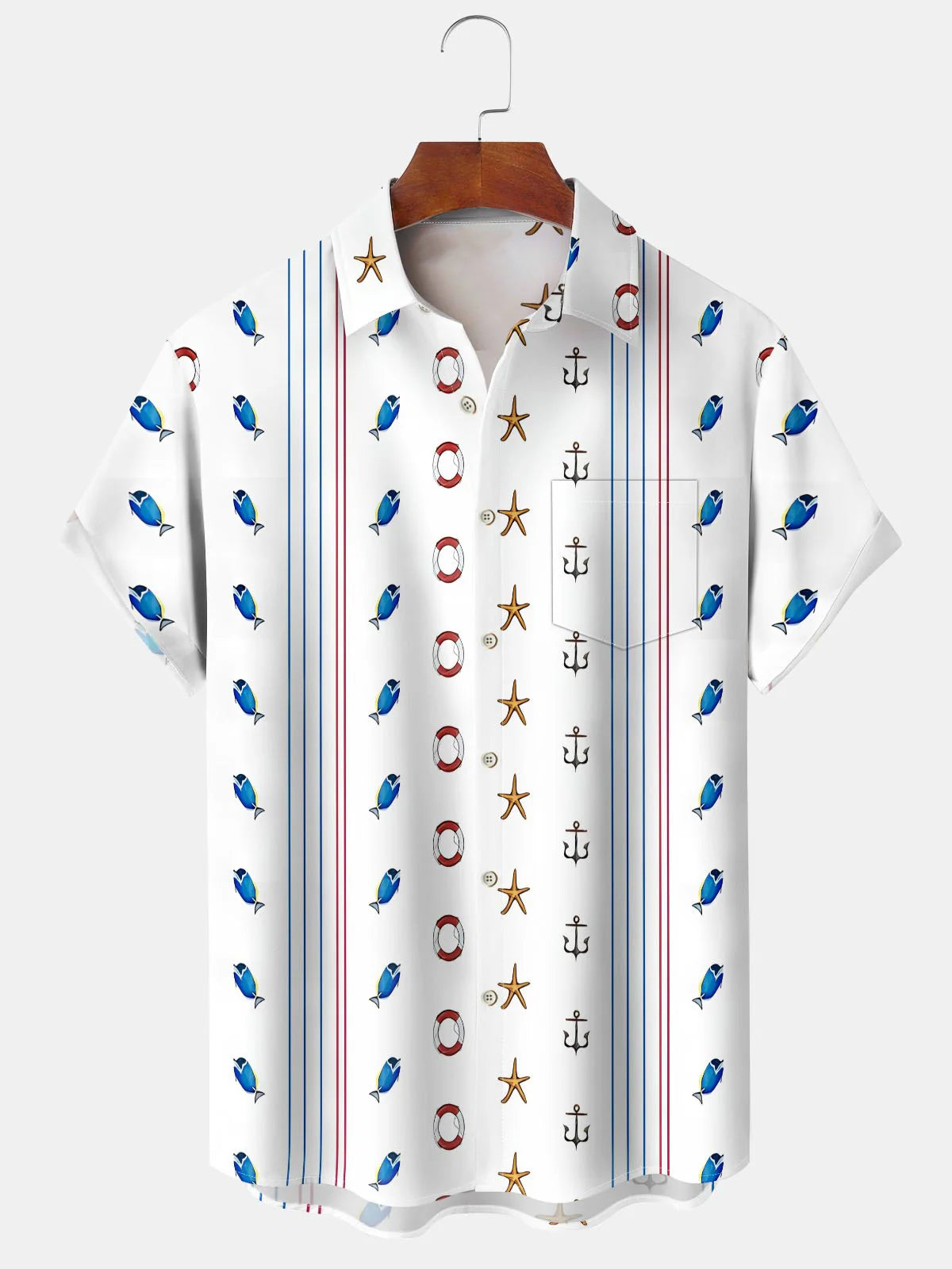 Casual Striped Fish Men's Pocket Short Sleeve Shirts