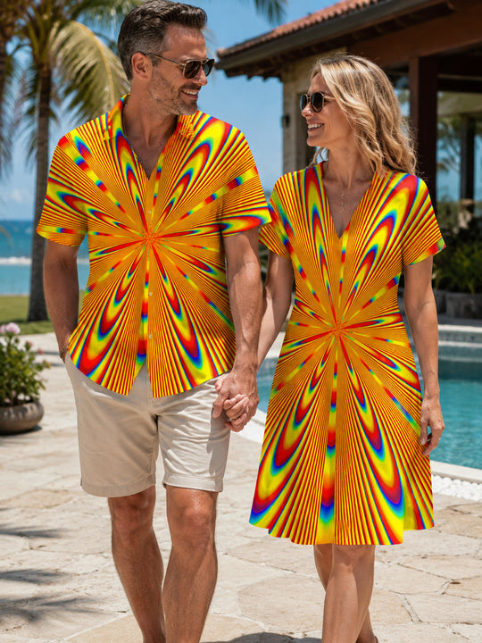 Adaychic Psychedelic Radiating Line Matching Couple Short Sleeve Shirt and Dress