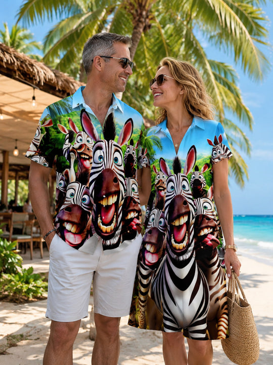 Adaychic 3D Cartoon Zebra Beach Matching Couple Short Sleeve Shirt and Dress