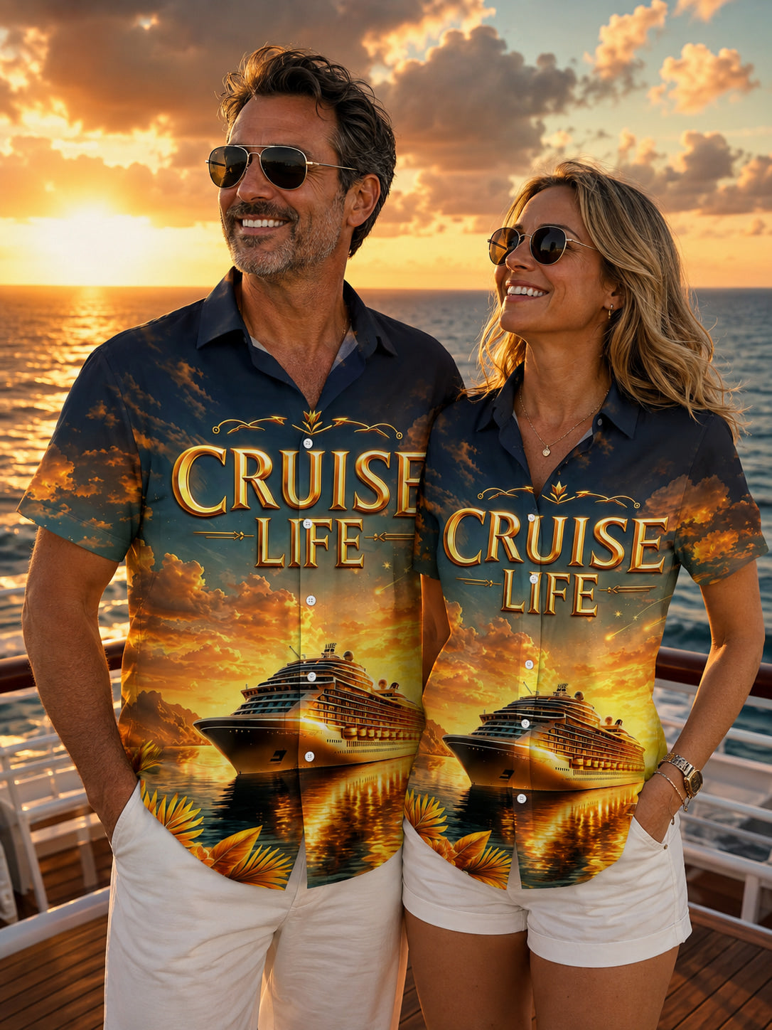 Adaychic Cruise Ship Sunset Graphic Print Matching Couple Short Sleeve Button Down Shirts