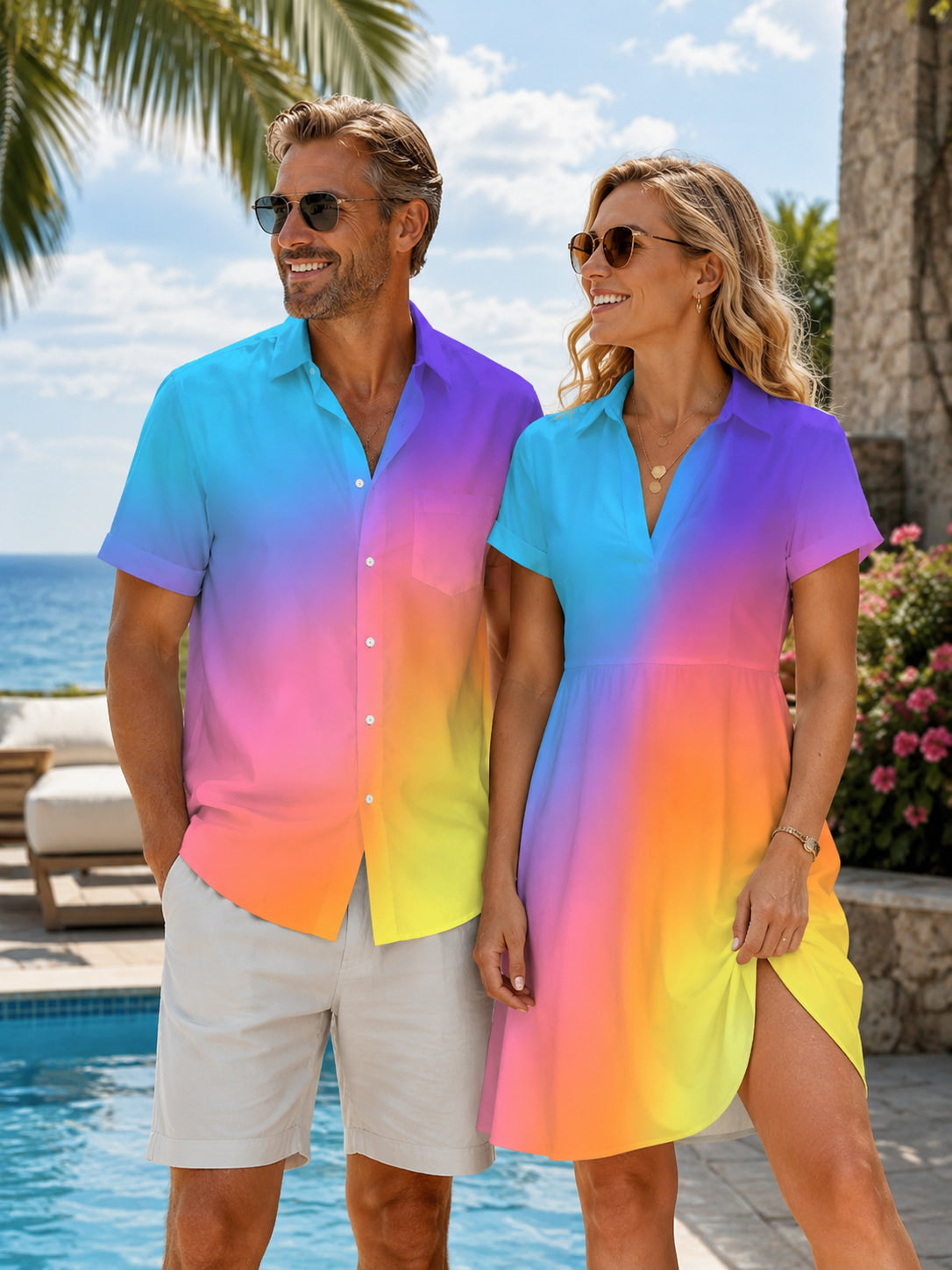 Adaychic Gradient Colorblock Matching Couple Short Sleeve Shirt and Dress