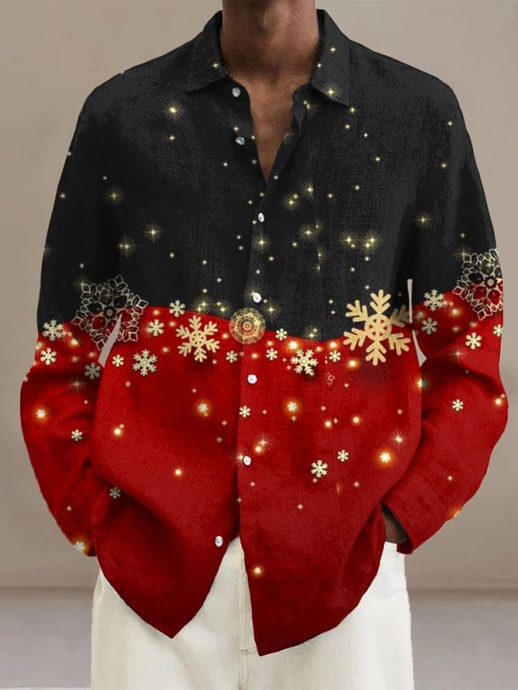 Christmas Retro Snowflake Print Pocket Men's Long Sleeve Shirt