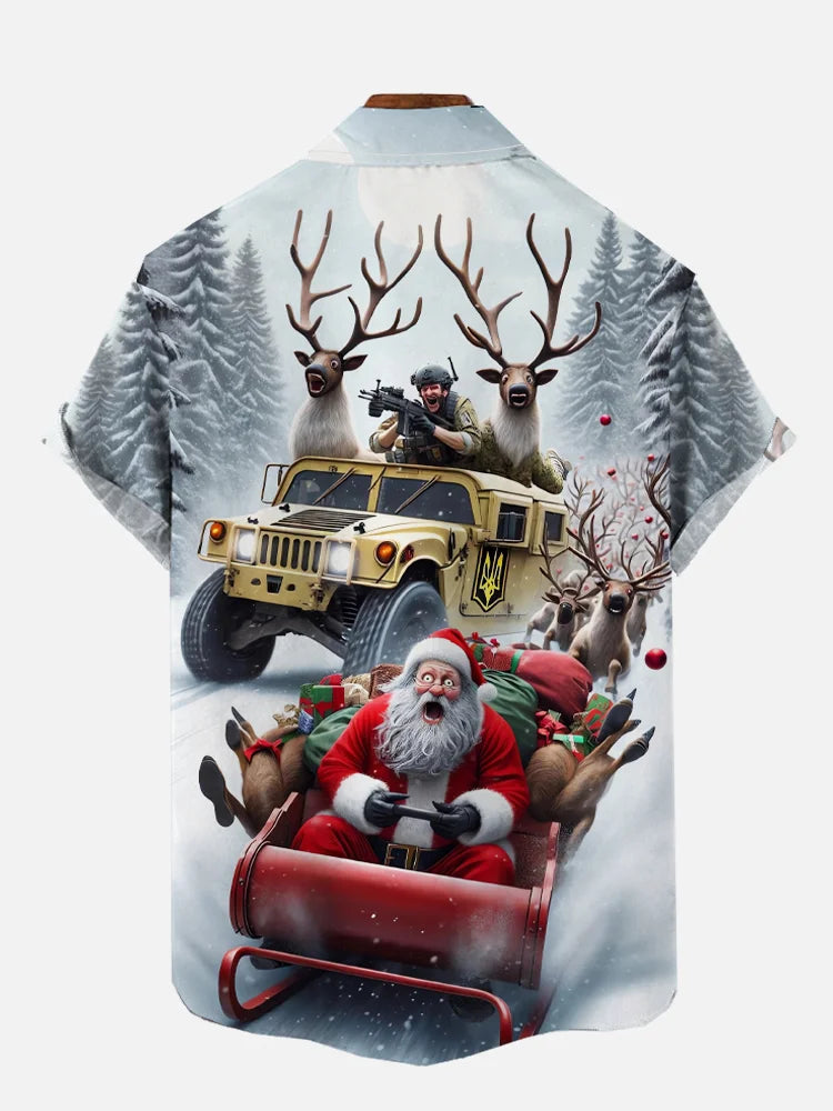 Christmas Snow Chase Santa Escape Printing Pocket Short Sleeve Shirts