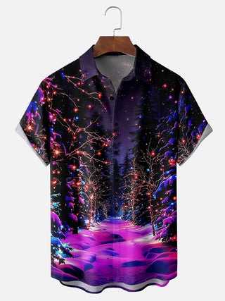 Men's Christmas tree lights print short sleeve shirt front view for holiday party