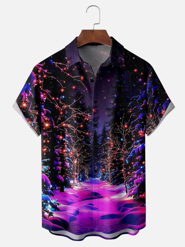 Men's Christmas tree lights print short sleeve shirt front view for holiday party