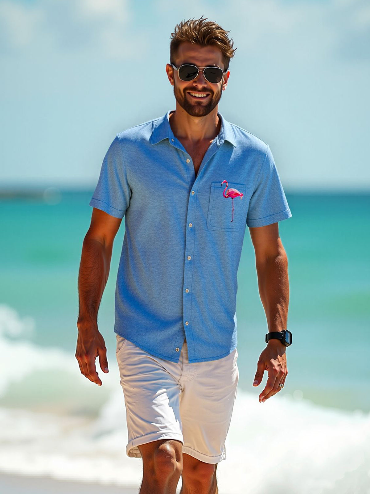 Flamingo Men's Pocket Short Sleeve Stand Collar Shirts