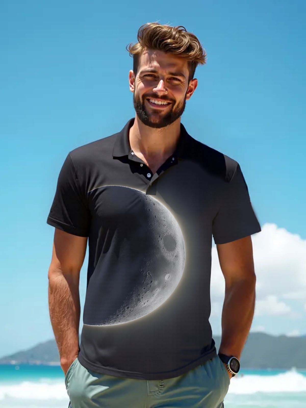 Cosmic Planet Print Men's Short Sleeve Button Polo Shirt
