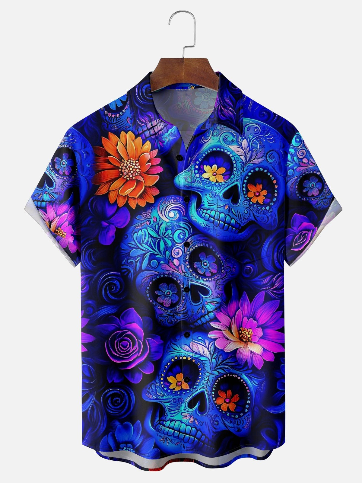 Gradient Skull Floral Men's Pocket Short Sleeve Shirts