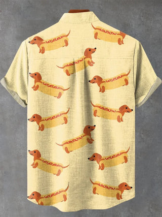men's cartoon hot dog print short sleeve shirt back view