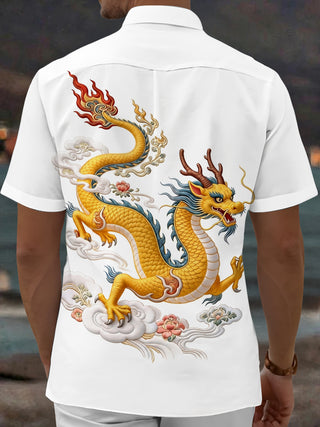 Adaychic Men's Graphic Chinese Dragon Print Short Sleeve Shirt with Chest Pocket