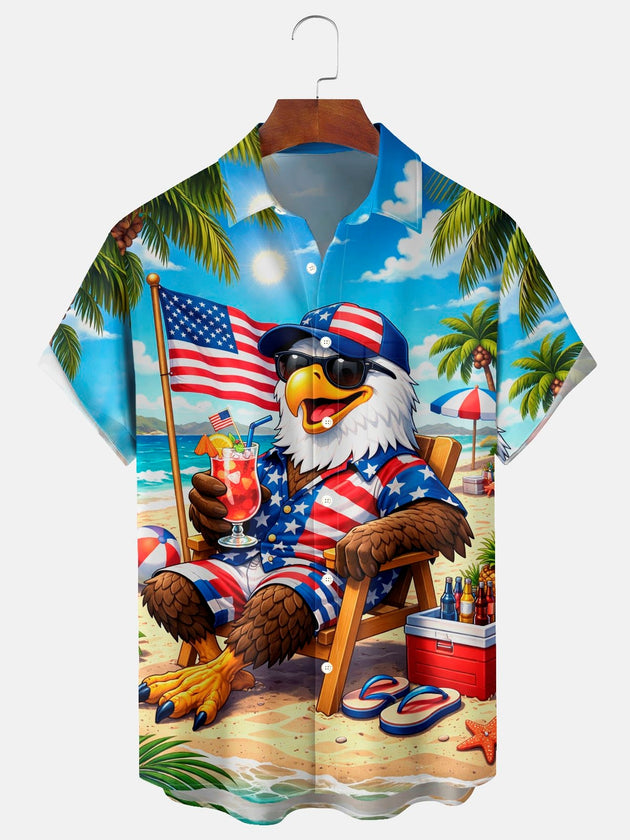 Men's patriotic American flag eagle print Hawaiian pocket short sleeve shirt front view for Independence Day
