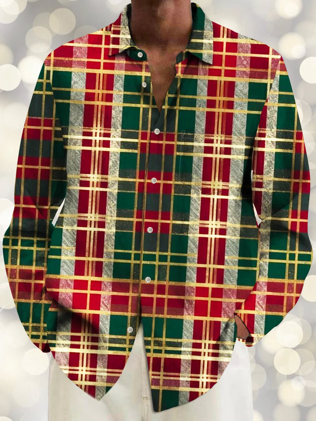 Holiday Christmas Plaid Art Men's Pocket Long Sleeve Shirts