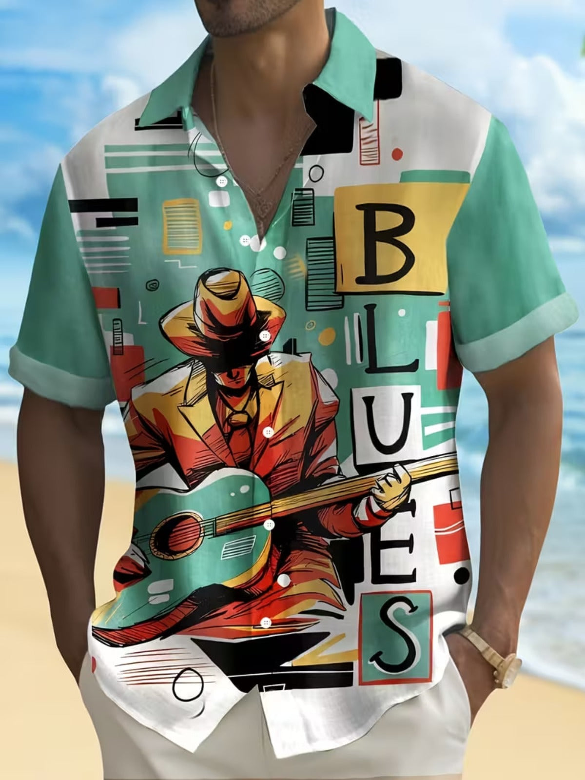 Music Rock Print Men's Pocket Short Sleeve Shirts