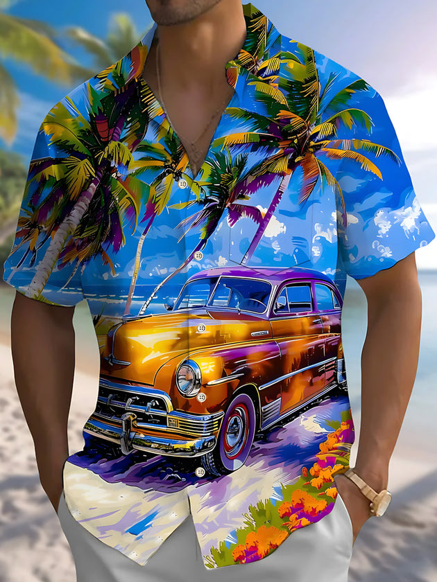 Hawaiian Car Palm Tree Print Men's Pocket Short Sleeve Shirts