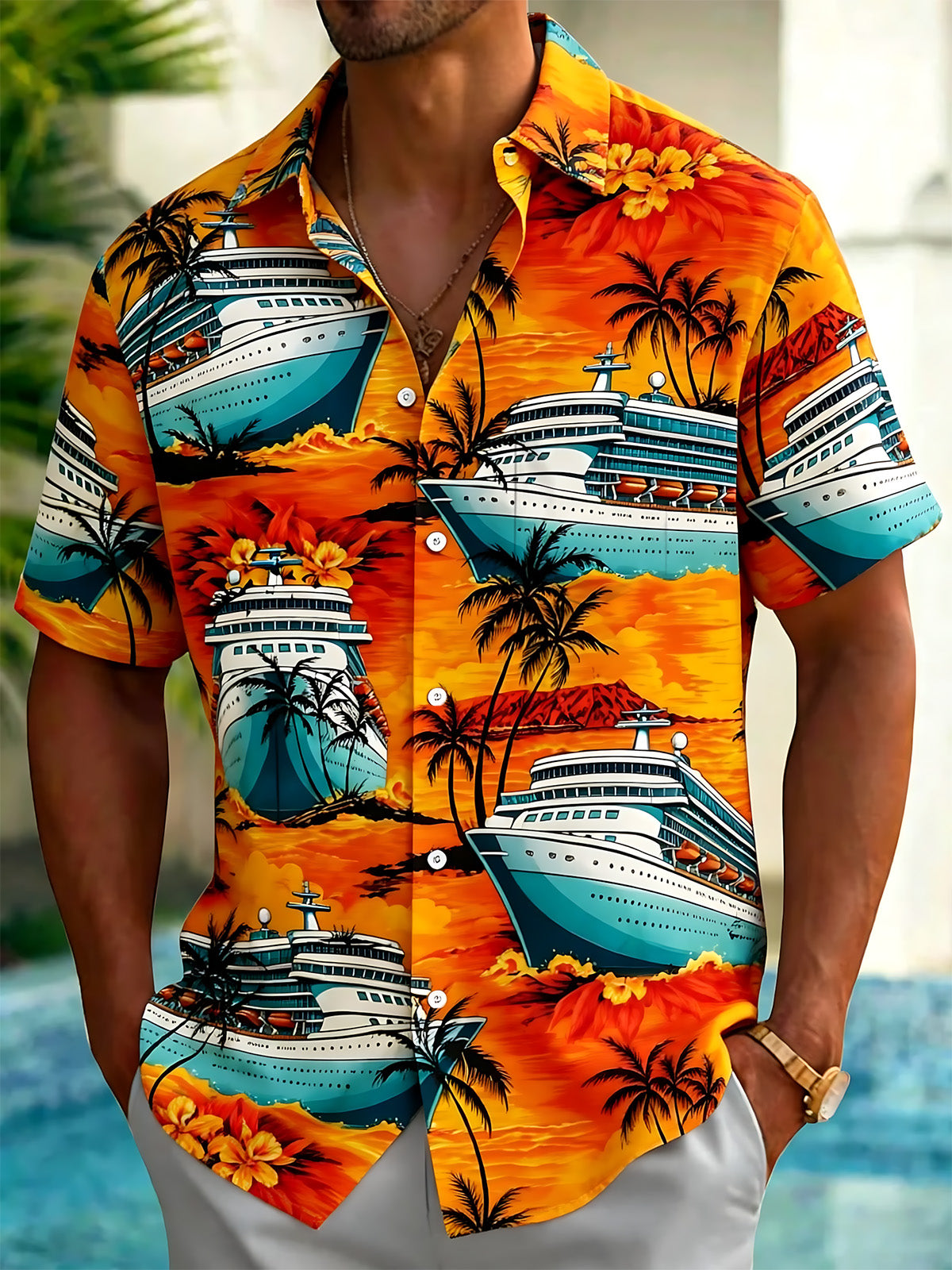 Hawaiian Cruise Coconut Tree Print Men's Pocket Short Sleeve Shirts