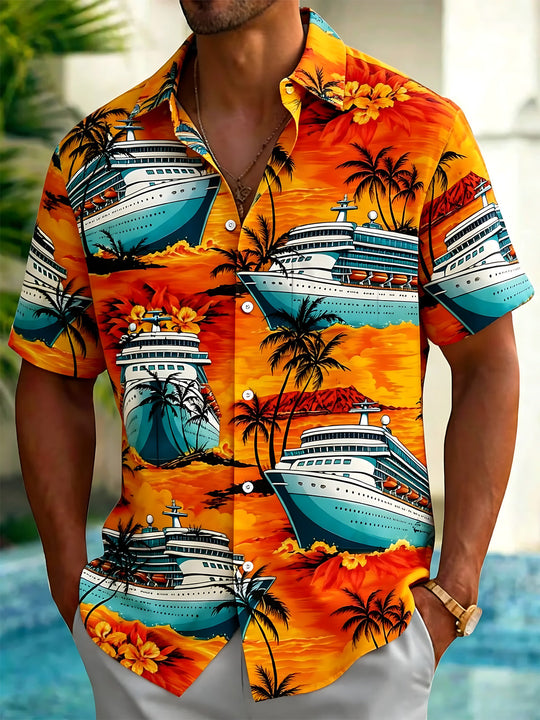Hawaiian Cruise Coconut Tree Print Men's Pocket Short Sleeve Shirts