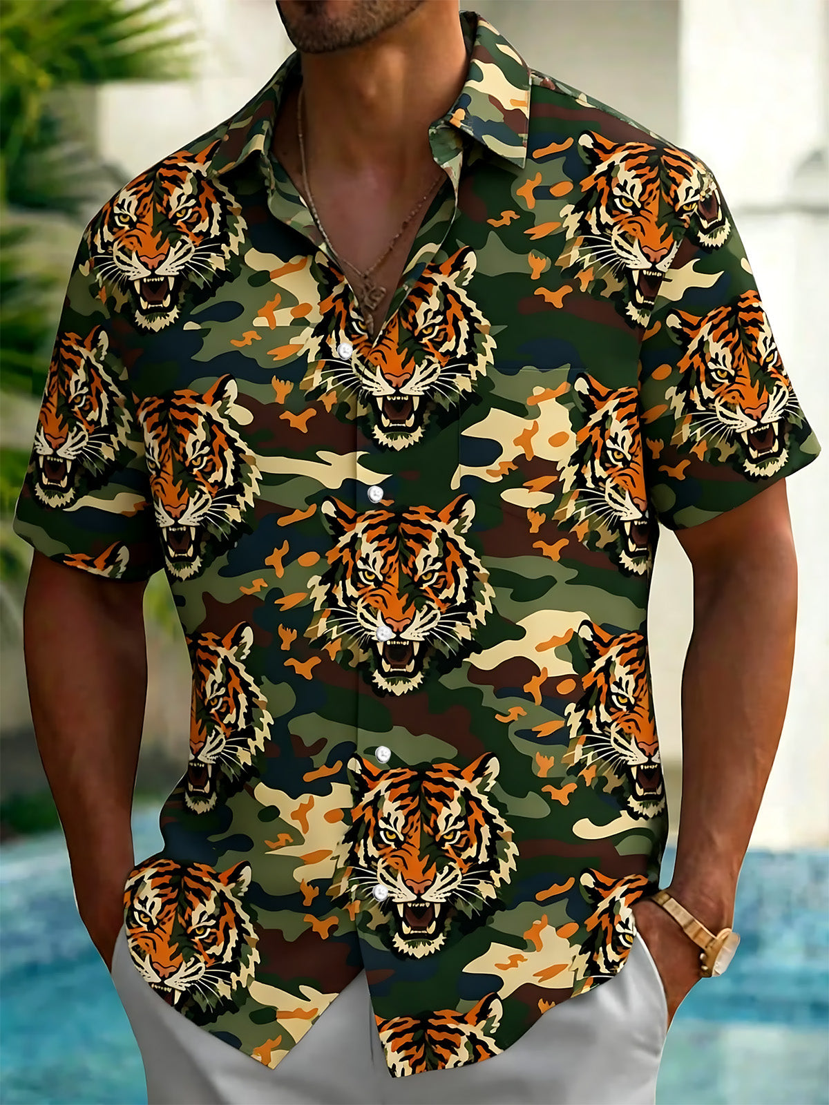 Camouflage Tiger Print Men's Pocket Short Sleeve Shirts