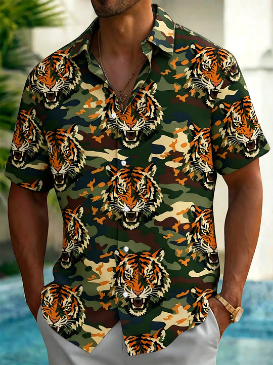 Camouflage Tiger Print Men's Pocket Short Sleeve Shirts