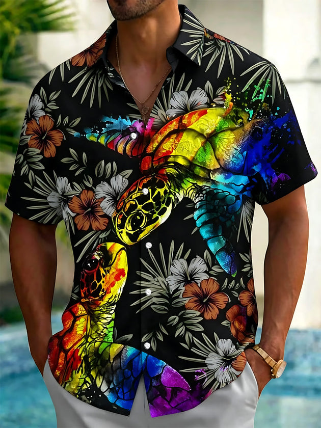 Hawaiian Colorful Turtle Plant Print Men's Pocket Short Sleeve Shirts