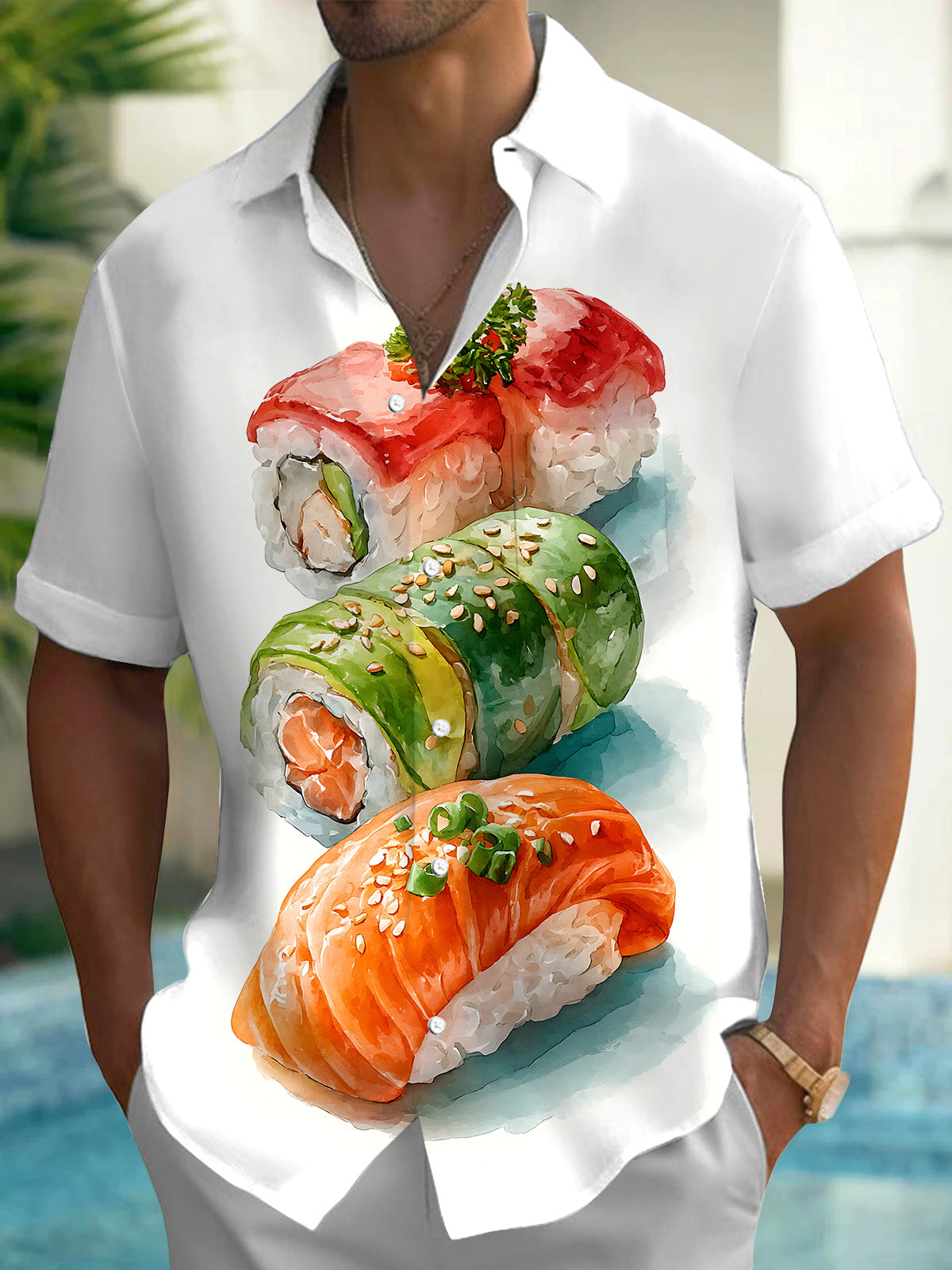 Food Sushi Print Men's Pocket Short Sleeve Shirts