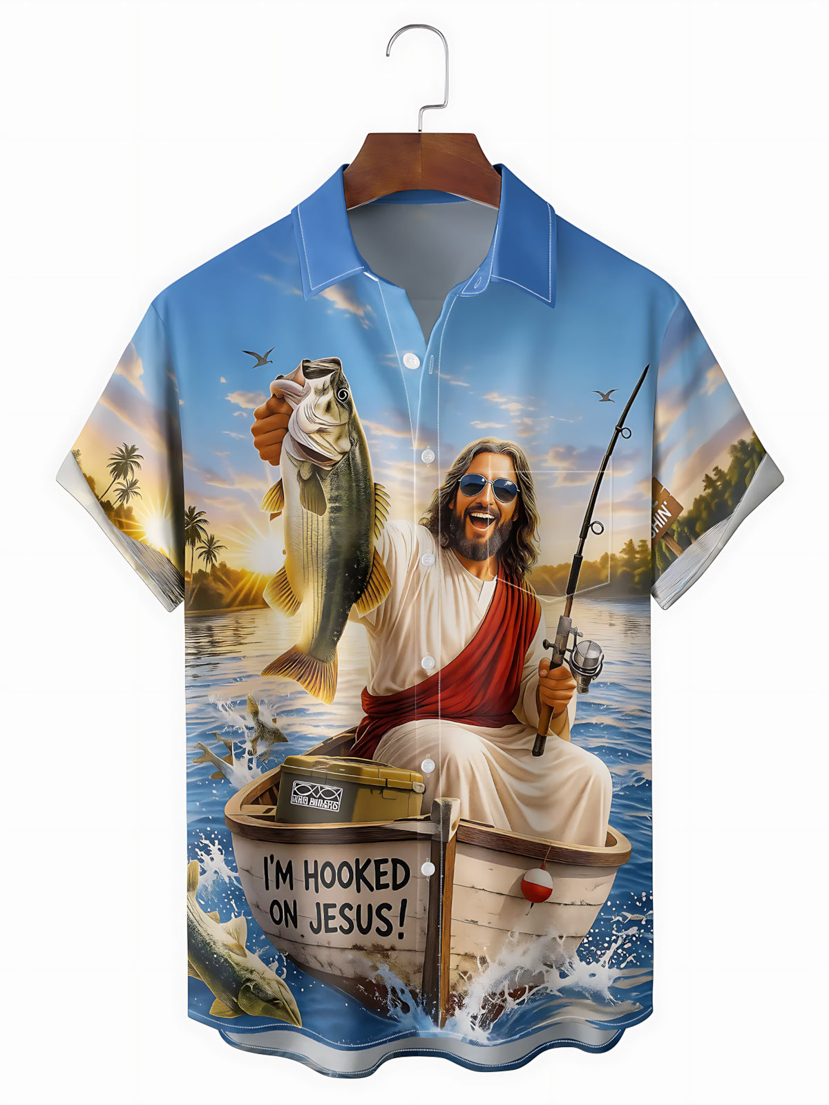 Christian Jesus Fishing Print Men's Pocket Short Sleeve Shirts
